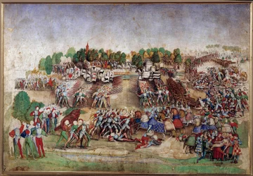 Italské války: “” Bitva u Marignanu dne 14. 9. 1515”” Kresba perem Mistra De La Ratiere (16. století) Sun. 0,21x0,31 m Chantilly, Musee Conde