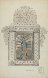 Cínový výklenek obsahující Guadeloupe Bulk, c. 1936.