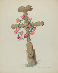 Dřevěný kříž používaný jako ruční výroba náhrobku, c. 1937.