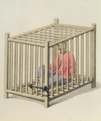 Zločinec v kleci, deska 15 z knihy "The Punishments of China", vyryl J. Dadley, 1804