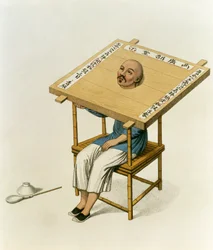 Trest dřevěného obojku, deska 13 z knihy "The Punishments of China", vyryl J. Dadley, 1804