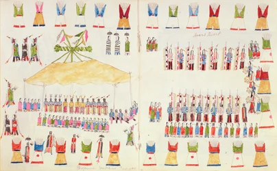 Medvědí srdce. Šajenský medicinský pow-wow, z knihy náčrtů pořízených ve Fort Marion, St Augustine, Florida, 1877.