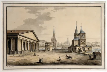 Pohled na kolotoč, věž Koutafia a kostel svatého Mikuláše Thaumaturga v Moskvě (Rusko). (Pohled na Manege, Kutafya Tower a kostel svatého Mikuláše, Moskva). Architektura: Manéž postavená v letech 1817 až 1825 architektem Josephem Boveem (1784-18