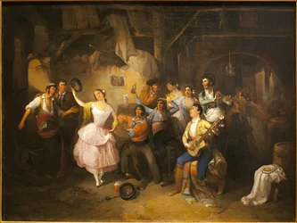 Tanečnice v hospodě. Obraz Manuela Rodrigueze de Guzmana (1818-1867), olej na plátně