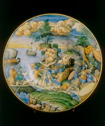 Znásilnění Heleny, talíř připisovaný Marcantoniu Raimondimu uložený v Museo Nazionale del Bargello ve Florencii