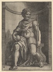 Římský císař sedící ve výklenku držící glóbus a žezlo a hledící na své..., ca. 1500-1534.