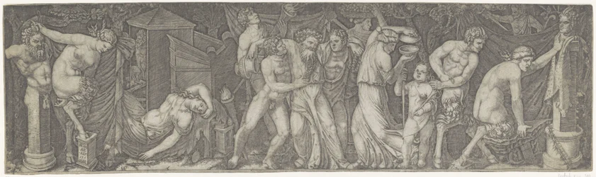 Bacchanal s opilým Bakchem a satyry a maenady