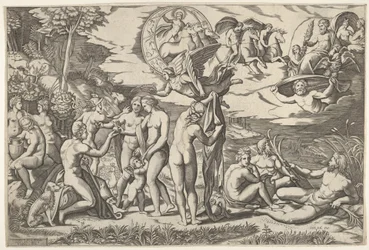 Soud z Paříže: Paris natahuje ruku k Venuši, která stojí mezi Juno a..., ca. 1520-50.