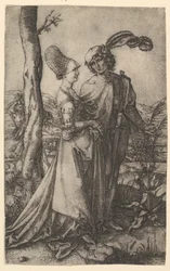 Lord a lady kráčející s postavou smrti schovávající se za stromem, v ruce hodinku..., ca. 1500-1534.