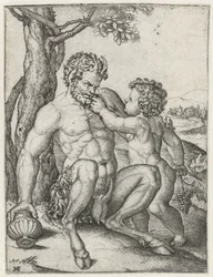 Pánev s šálkem na pití a Bacchus jako dítě s hroznem