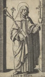 Svatá Kateřina Sienská stojící a v pravé ruce drží květiny a knihu, h..., ca. 1500-1527.