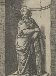 Svatá Kateřina stojící ve výklenku, spočívající na kole, svůj mučící nástroj..., ca. 1500-1527.