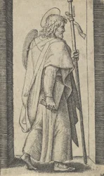 Saint James Major, kniha je jeho pravá ruka, hůl v jeho levé tváří vpravo, od t..., ca. 1500-1527.