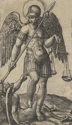 Svatý Michael držící váhy a kopí, pod ním démon, ze série „P...“, kolem roku 1500-1527