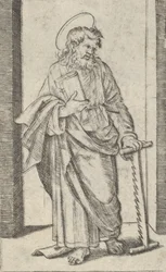 Saint Simon, pila ve snížené levé ruce, ze série 