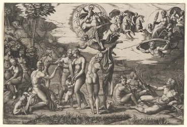 Pařížský soud: sedí vlevo s Venuší, Junonou a Pallas Athénou, nad nimi okřídlené vítězství, asi 1510-20 (rytina)