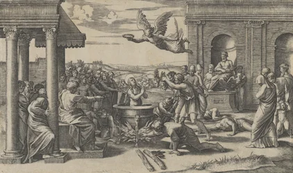 Mučednictví svaté Cecílie, stojící nahá ve velkém kotli, vlevo pod..., kolem 1520-25