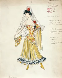 Francie, Paříž, Náčrt kostýmu pro tanečnice flamenca pro Carmen od Georgese Bizeta