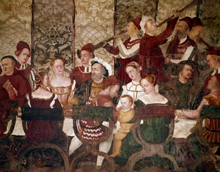 Dánský král Christian I. na banketu pořádaném Bartolomeem Colleonim. Detail pozvánek (freska, cca 1480)