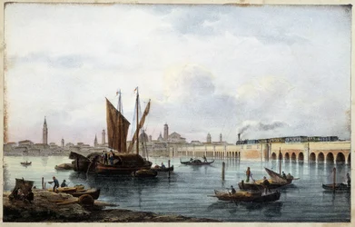 Most přes lagunu v „Albu hlavních pohledů na Benátky““ kreslí Marco Moro ed. Gio Brize-Ghel n.d 1840. cca.