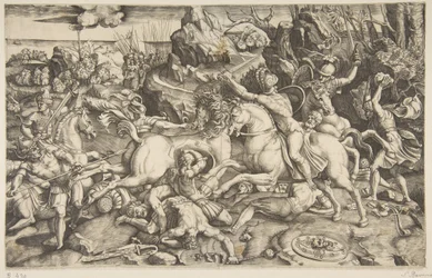 Bitevní scéna v krajině s vojáky na koních a několika padlými muži, další..., ca. 1520.
