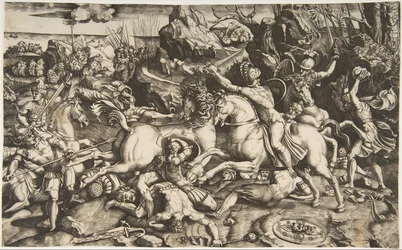 Bitevní scéna v krajině s vojáky na koních a několika padlými muži, další..., ca. 1520.
