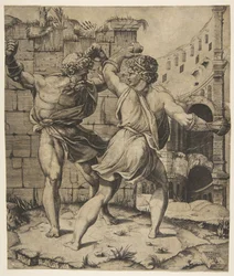 Entellus a Dares bojující před klasickými ruinami, 1520-25.