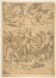 Galatea jedoucí ve skořápce tažené vodou delfíny, amor dole a f..., ca. 1515-27.