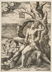 Jupiter a Semele se objímají, pod nimi orel, vpravo strom s prázdným t..., ca. 1515-27.