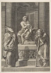 Svatý Josef vlevo a biskup vpravo stojící před oltářem Panny Marie ..., ca. 1515-27.