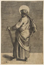 Saint Simon stojí tváří vlevo, drží pilu a knihu, ca. 1515-27.