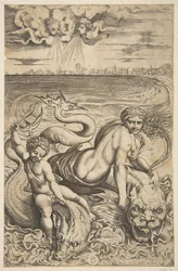 Venuše a Cupid jedoucí na dvou mořských příšerách, Amor zvedá šíp v pravé ruce, t..., ca. 1515-27.
