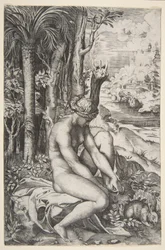 Venuše si sundala trn z levé nohy, když seděla na látce vedle stromů, ..., ca. 1515-27.