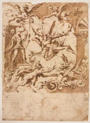 Groteska se satyrem krmícím draka recto, Groteska se skákajícím kentaurem verso, c1565158