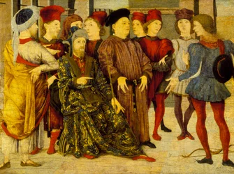 Fragment desky cassone „Střelba na otcovu mrtvolu“, kolem roku 1462