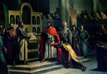 Přísaha v Santa Gadea: El Cid Campeador (asi 1043-99) vymáhá od Alfonse VI. (asi 1040-1109), krále Kastilie, přísahu, že v roce 1072 neměl podíl na vraždě svého bratra Sancha II. (asi 1083-1072)
