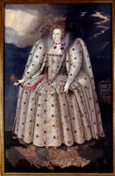 Nožní portrét královny Alžběty (Elizabeth) Iere of England Malba Marcuse Gheeraertse (Gerards nebo Geerards) mladého (1561-1635) Kolem 1592 Sun. 2,41x1,52 m Londýn, Národní galerie portrétů