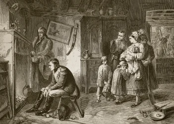 Napoleon hledá odpočinek v chatě u silnice po porážce u Waterloo, kterou vyryl J.D. Cooper