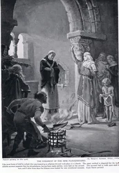 Soud devíti pluhů, ilustrace z "Hutchinsonových dějin národů", cca 1910 (litografie)