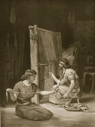 Babylonský tkalcovský stav, ilustrace z Hutchinsonovy "Historie národů" (litografie)