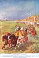 Zlomový okamžik v indiánských dějinách, ilustrace z knihy "Hutchinsons History of the Nations", cca 1910 (barevná litografie)