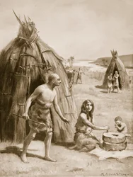 Primitivní sumerská osada, ilustrace z knihy "Hutchinsons History of the Nations", cca 1910 (litografie)