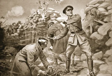 Kapitán Vickers drží nepřítele na uzdě, zatímco se za ním staví bariéra (litografie)
