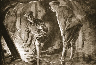 Podpraporčík Evason a důstojník naslouchají Němcům v protiminu (litografie)
