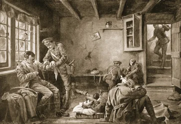 Podpraporčík Royall ošetřuje raněné v hostinci u cesty, který byl pod palbou (litografie)