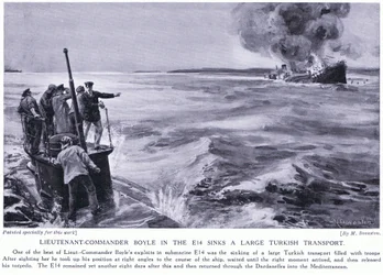 Nadporučík Boyle v E14 potápí velký turecký transportér 1915 (litografie)