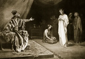 Sňatek asyrské princezny s babylonským králem Kara-Indašem, ilustrace z Hutchinsonovy "Historie národů" (litografie)