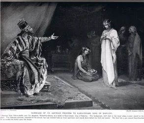 Sňatek asyrské princezny s babylonským králem Kara-Indašem, ilustrace z Hutchinsonovy "Historie národů" (litografie)
