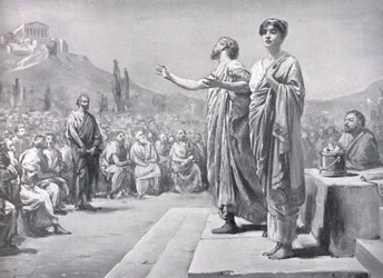 Perikles prosí o Aspasii, ilustrace z Hutchinsonových Dějin národů.