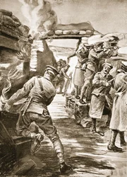 Vojín Callf vytahuje bednu s municí ze skladu bomb, který byl zapálen výbuchem granátu (litografie)